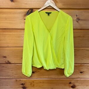 Republic Wrap Effect Top Neon Yellow Green Long Sleeve Light Weight Blouse M
